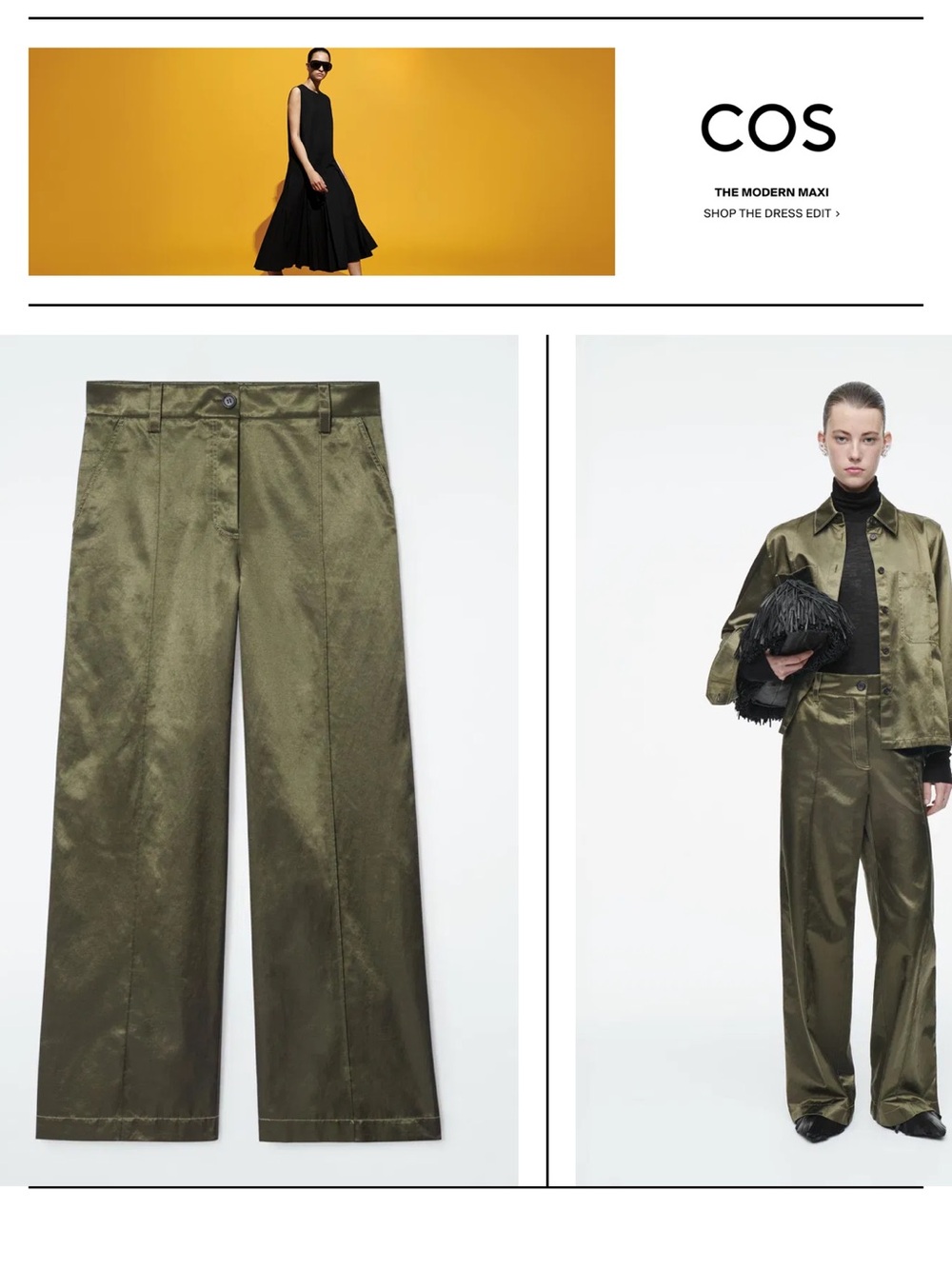 COS satin utility pants , Olive Satin Wide-Leg Pants